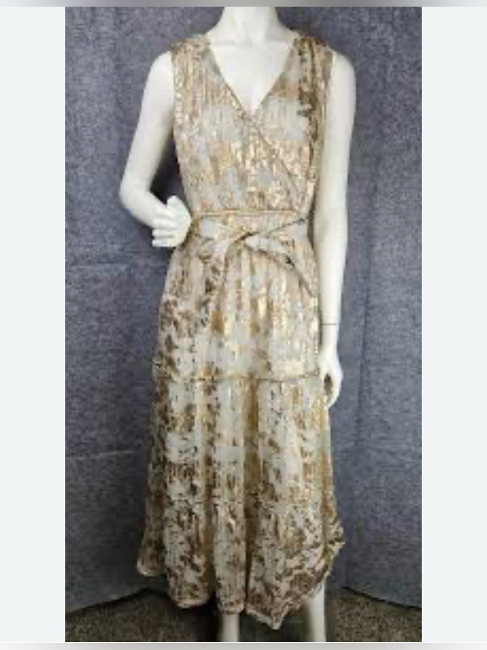 Draper James Gold and Cream Sleeveless Wrap Midi Dress
